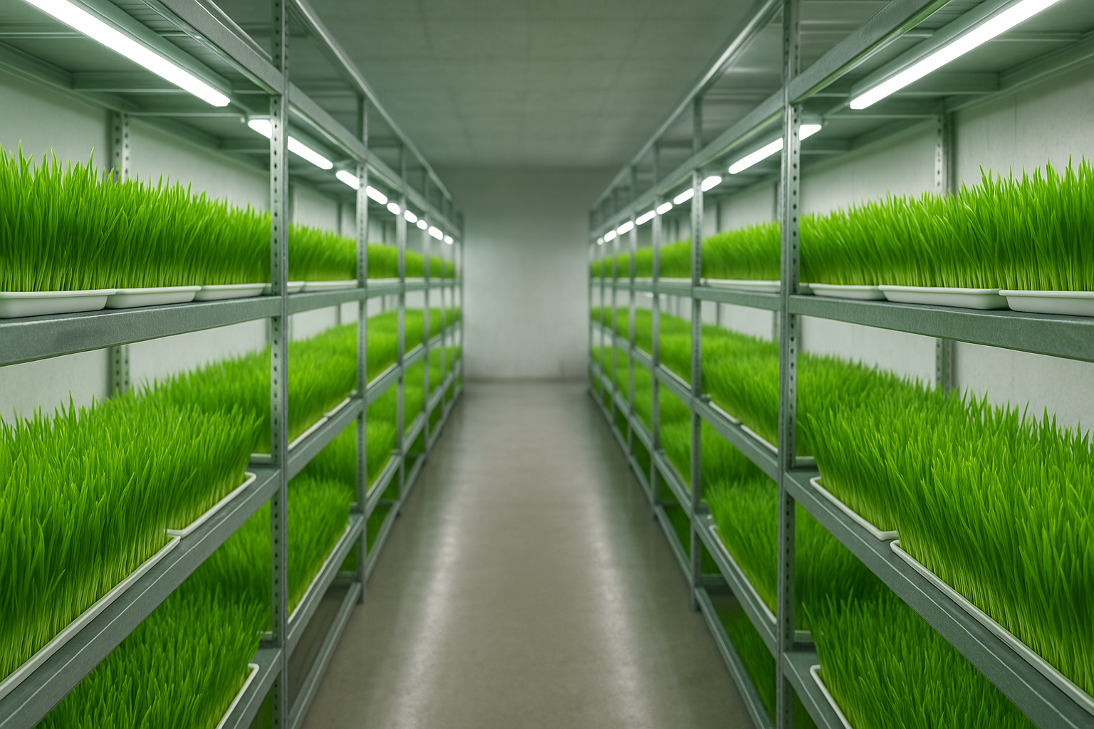Hydroponic fodder racks with lush green trays