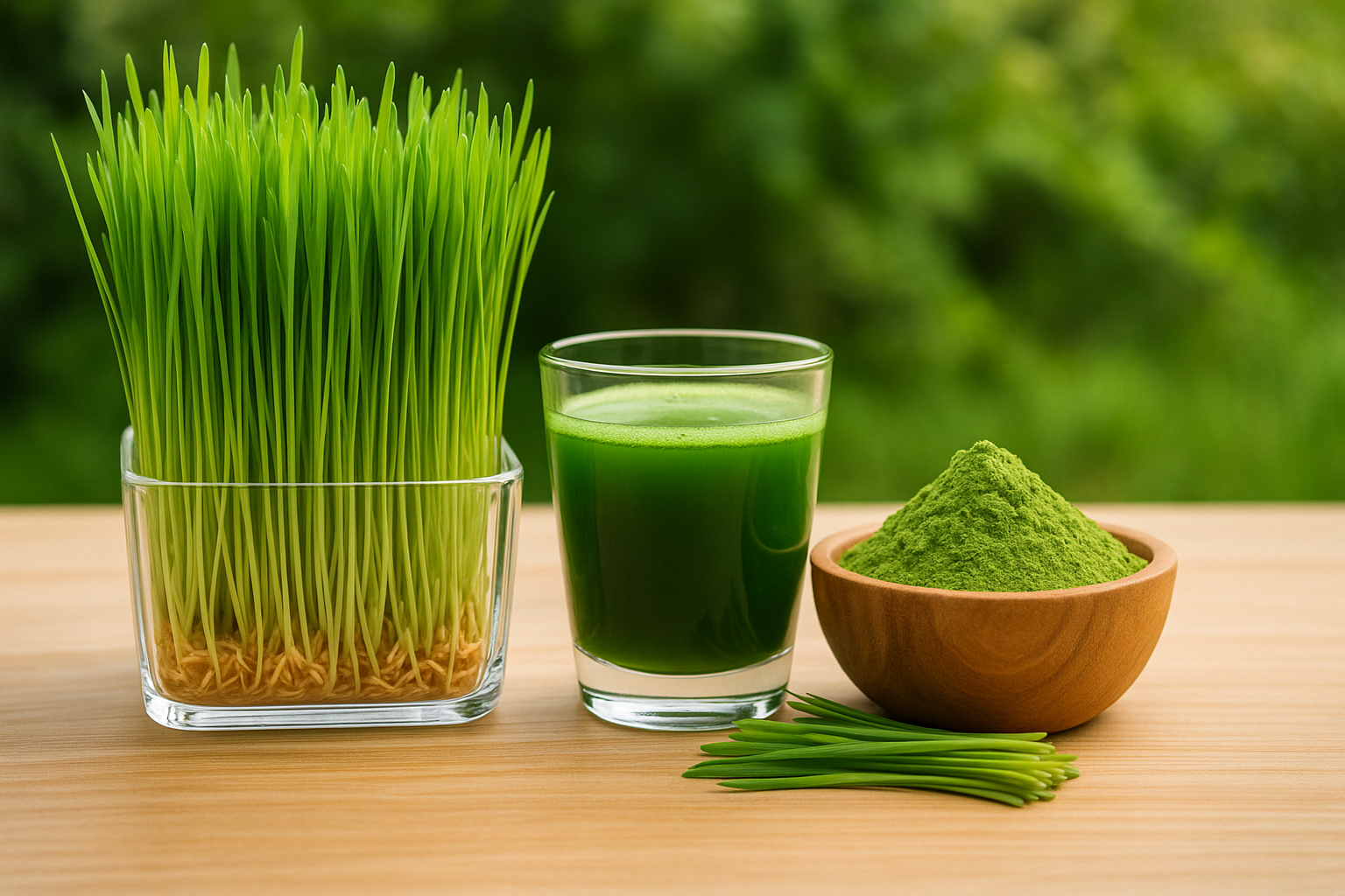 Fresh wheatgrass with juice and powder